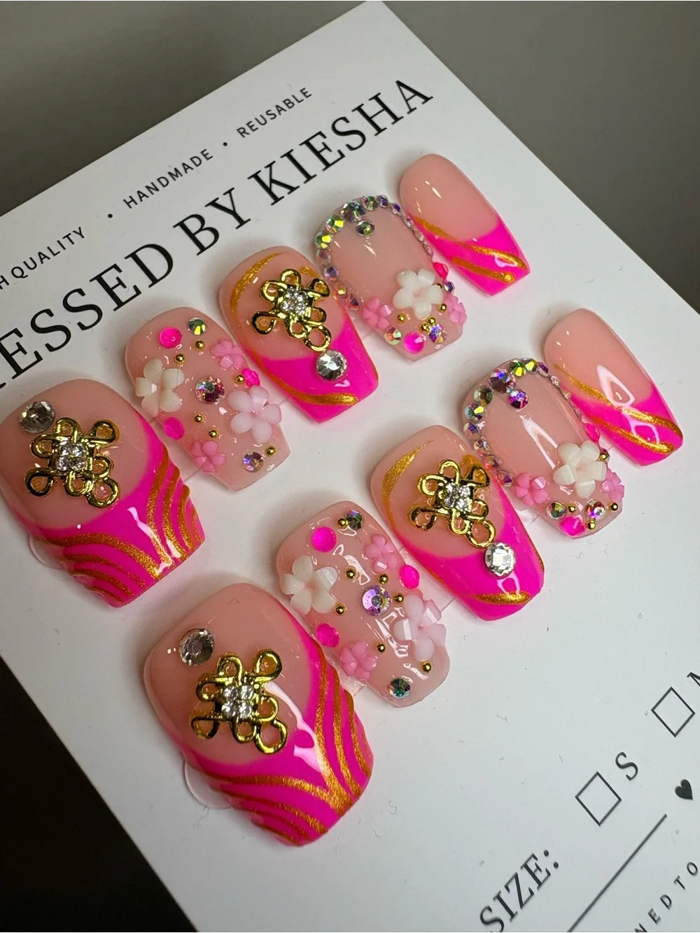 Handmade Pink Floral Gold Accent Pressed Nails